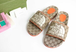 未使用 GUCCI x THE NORTH FACE ◆ GGキャンバス スライドサンダル (ベージュ/オレンジ サイズ10) モノグラム グッチ ノースフェイス ◆J-2