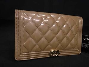 1円 CHANEL シャネル ココマーク マトラッセ ボーイシャネル パテントレザー 二つ折り 長財布 ウォレット ピンクベージュ系 AX6680