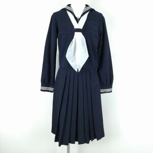 1円 セーラー服 スカート スカーフ 上下3点セット ヨシザワ 冬物 白3本線 女子 学生服 中学 高校 紺 制服 中古 ランクC NA7242