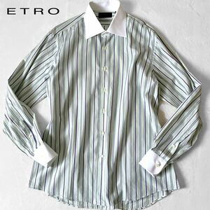 1円～超美品！【極上の爽やかさ】エトロ 43/XL ストライプシャツ イタリア製 グリーン 長袖 コットン メンズ ビジネス カジュアル 