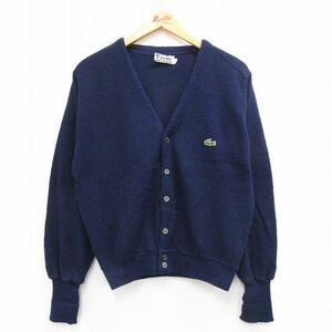 L/古着 ラコステ LACOSTE IZOD 長袖 ブランド ニット カーディガン メンズ 80s ワンポイントロゴ 紺 ネイビー 23sep22 中古 トップス