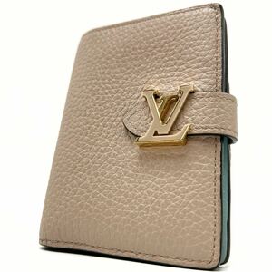 RFID ◎未使用級 LOUIS VUITTON ルイヴィトン ヴェルティカル コンパクト ウォレット 二つ折り 財布 レディース ベージュ レザー 水色 LV