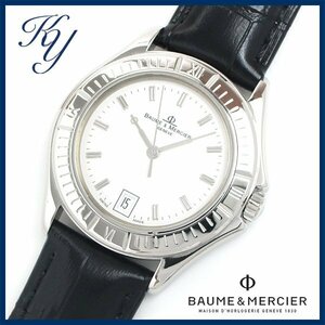 1円～ 3ヶ月保証付き 磨き済み 美品 本物 人気 BAUME&MERCIER ボーム＆メルシエ マリブ 革ベルト ホワイト メンズ 時計