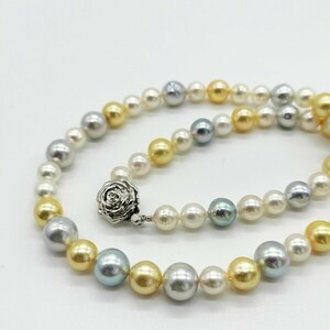 【テリ強】アコヤ あこや ナチュラル マルチカラー パール ネックレス 6.5〜8.5mm 44cm SILVER 刻印 34.6g 本真珠 pearl jewelry necklace