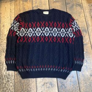 90s Eddie Bauer cotton knit sweater エディバウアー　コットンニット　スウェット ケーブルニット ネイビー　90年代　USA製