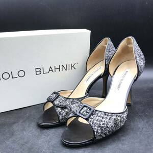 M1871 美品 MANOLO BLAHNIK マノロ ブラニク レザー × ウール オープントゥ パンプス ピンヒール レディース 37/23.5cm相当 ブラック系 靴