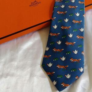 1000円～　良品　エルメス　HERMES　ネクタイ　tie　シルク　silk　青　ブルー　水色　緑　茶　ブラウンきつね　にわとり　動物　アニマル