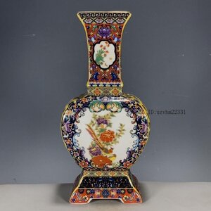 清代パステル蒔絵花鳥開窓扁腹尊瓶 景徳鎮 装飾品 現代工芸品美術品 置物