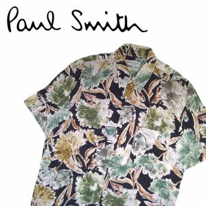 極美品 芸術的逸品 最高級 Paul Smith LONDON フローラル 水彩画 花柄 総柄 半袖シャツ ドレスシャツ メンズM ポールスミス ブラック240781