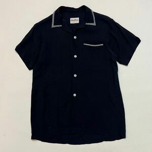 k327 60s ビンテージ Crown Prince オープンカラー ボーリング ギンガム チェック パイピング シャツ 黒 ブラック vintage shirt