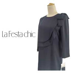 新品未使用64900円 9号 ラピーヌ　ラフェスタシック La Festa chic ネイビーワンピース 肩リボン前フリル カラーフォーマル 結婚式 入学式