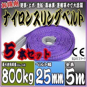 スリングベルト 5本セット 5m 幅25mm 使用荷重800kg 0.8t 吊りベルト ベルトスリング ［ナイロンスリング 吊上げ ロープ 牽引 運搬］