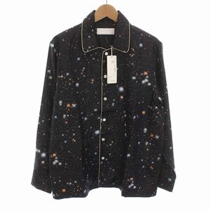 未使用品 ネオンサイン NEON SIGN Cosmo Milky SatinTwill Shirt オープンカラーシャツ 総柄 長袖 46 黒 ブラック 1249 メンズ