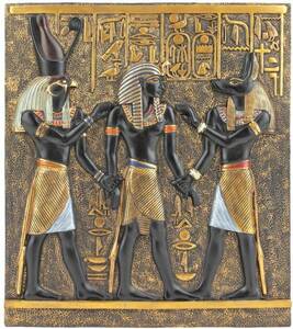 アヌビス ホルス神 ラムセス1世 古代エジプト文明壁画歴史物オブジェホルス神 とアヌビス神の間に立つラムセス1世の壁画彫刻レリーフ