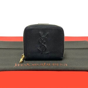 ほぼ未使用 YVES SAINT LAURENT イヴ サンローラン YSL ロゴ レザー 本革 ラウンドジップ 二つ折り 財布 ミニ ウォレット ブラック 25674