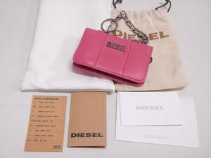 極美品■DIESEL ディーゼル ラウンドファスナー コインケース カードケース チェーン付 ショッキングピンク■