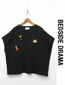 E378/BEDSIDEDRAMA ベッドサイドドラマ ドルマンカットソー 刺繍 クルーネック BORN SLEEPY M~L 黒 ストフ STOF