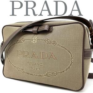 【レア美品】PRADA ショルダーバッグ ロゴ ジャガード 金プレート リボン