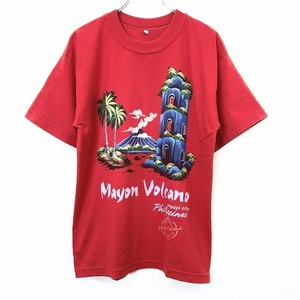 Tシャツ カットソー インポート古着 Philippines legazphi city Mayon Volcano ハンドペイント 火山 ヤシの木 半袖 M 赤 メンズ 男性