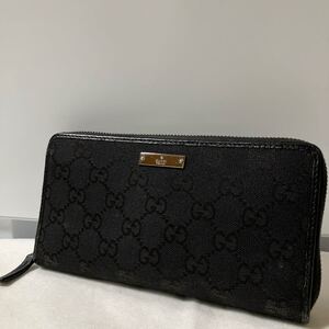 【極美品】 GUCCI グッチ ラウンドファスナー 長財布 キャンバス地 レザー GGシマ ロゴプレート ブラック系 シリアルあり