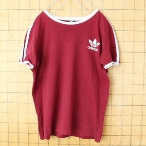 80s 90s USA adidas アディダス トレフォイルロゴ プリント 半袖 Tシャツ ボルドー レッド メンズS アメリカ古着