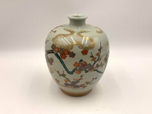 □● 伝統工芸品 花瓶 陶器 焼き物 京焼 梅の花 木箱付 中古良品 (S0524)