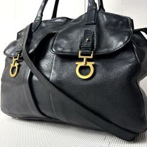 美品 希少 Salvatore Ferragamo サルヴァトーレフェラガモ ガンチーニ シボ革 2way トートバッグ ハンド ショルダー バック A4収納 ロゴ 黒