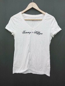 ◇ TOMMY HILFIGER トミーヒルフィガー Vネック ロゴ 刺繍 半袖 Tシャツ カットソー サイズM ホワイト レディース P