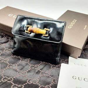 【 大人気 】　1円 ～　1スタ　Gucci　グッチ　オールドグッチ　財布 三つ折り財布 エナメル バンブー コンパクト　黒　035.1137.1866.0