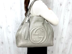 極美品 GUCCI グッチ ソーホー インターロッキング タッセル トートバッグ ハンドバッグ バッグ レザー シルバー A4収納可 78901Y