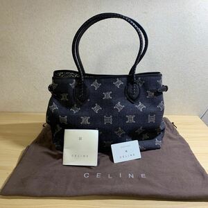 岸170 超美品 1円〜 CELINE セリーヌ パリマカダム デニム カーフ レザー 本革 トート ブルー フラワー柄 肩掛け