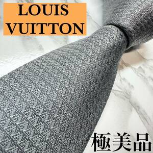 極美品 旧タグ 定番 LOUIS VUITTON ネクタイ シルク100% LV柄 総柄 クラヴァット レギュラータイ ブランドロゴ 刺繍 グレー