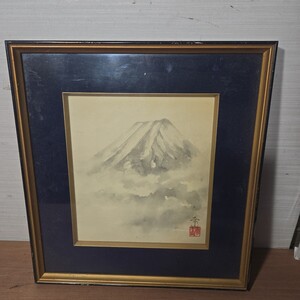 額装 GLC 日本画 真作 色紙 富士山 風景画 水墨画 肉筆紙本 幸山？美術品 絵画