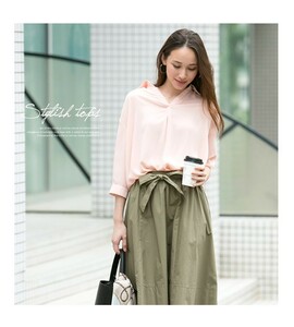 ☆シャツ レディース スキッパーシャツ トップス ロールアップ 袖 シフォン素材 裾 タック 着痩せ 春夏秋 七分袖 ☆