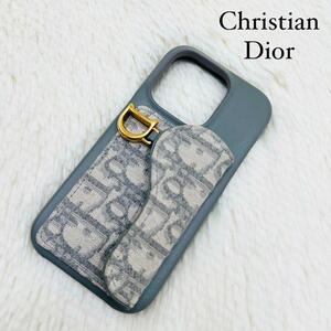 極美品/14Pro//クリスチャンディオール◎Christian Dior iPhoneケース キャンバス サドル 金金具 グレー 灰色