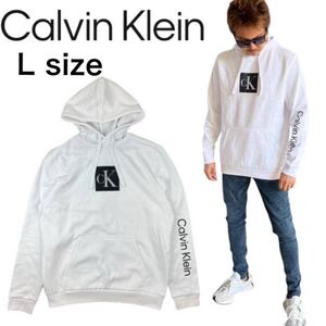 カルバンクライン パーカー 40QC401 スウェット ホワイト Lサイズ プリントロゴ 裏起毛 CALVIN KLEIN TRAVELING MONOGRAM HW 新品