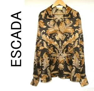 正規品 美品 ドイツ製 ESCADA エスカーダ 最高級絹 シルク100％ 総柄 開襟 オープンカラーシャツ 長袖 40 茶 ブラウン