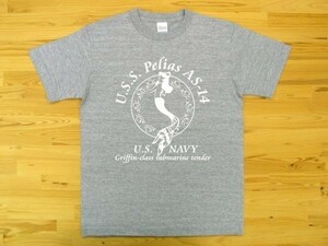 U.S.S. Pelias AS-14 杢グレー 5.6oz 半袖Tシャツ 白 XXL 大きいサイズ ミリタリー 米海軍艦艇グリフィン級潜水母艦ペリアスU.S. NAVY人魚