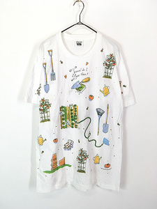 レディース 古着 90s USA製 rel e vant 「Trowel do I Love thee!」 ガーデニング 家庭菜園 総柄 プリント Tシャツ L 古着