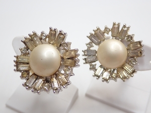 K542　ヴィンテージ イヤリング　パール風　ラインストーン　クリア　アクセサリー　Vintage Earrings