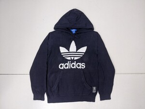 20．アディダス adidas デカ三つ葉ロゴ フェード コットンニットパーカー プルオーバー メンズM ネイビー白系 x610