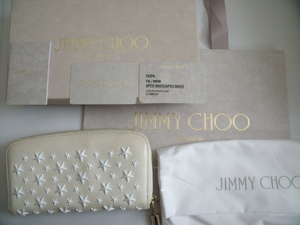 $ 美品 $ 箱付き◆ JIMMY CHOO ◆ ジミーチュウ ◆ 星 スター モチーフ スタッズ付き 本革 レザー◆ ラウンドファスナー 長財布◆ ホワイト