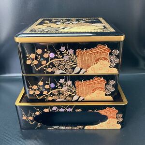 木製漆器 蒔絵二段重箱 重台付 正月 おせち 重箱