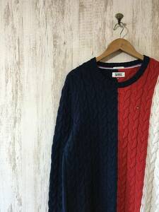 293☆【クレイジーパターン ケーブル編みニットセーター】TOMMY JEANS トミーヒルフィガー アシメ フィッシャーマン M