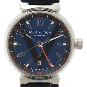 ルイヴィトン 時計 メンズ タンブール GMT ブルー文字盤 自動巻 ステンレス レザーベルト Louis Vuitton Q1157 SS 中古