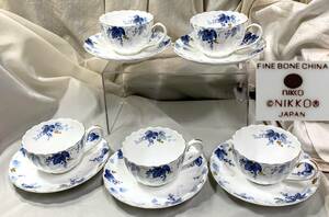 NIKKO/ニッコーFINE BONE CHINA インディゴブルー金縁金彩葡萄柄 アンブロシア カップ＆ソーサー5客セット箱無 used 使用感少 コレクション