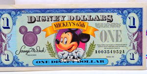 即決　ディズニーダラー　1ドル札（1993年） $1 紙幣　ミッキーマウス　６５周年　Disney Dollars