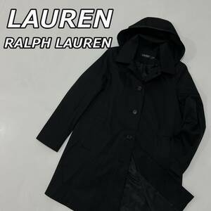 【LAUREN RALPH LAUREN】ローレン ラルフローレン フード取り外し可 ステンカラー ロングコート 黒 ブラック レディース