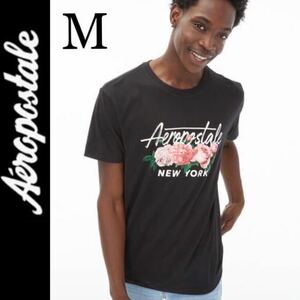 新品タグ付き☆AEROPOSTALE フラワーロゴ半袖Ｔシャツ M 黒 ブラック エアロポステール