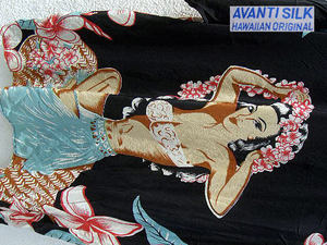 †90S AVANTI SILK ALOHA HAWAII Silk シルク 絹 エキゾチックな南国美人 大胆に妖艶 美花に囲まれ フラガール 気品 情熱 プルメリア♪希少